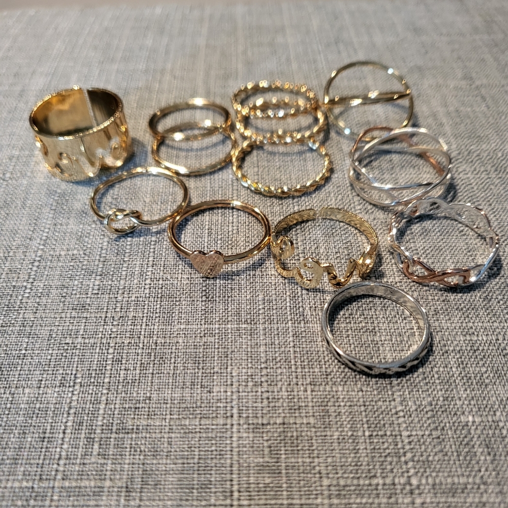 Gold Fashion Boho Rings, Lot of 12, Love, Heart, Different Sizes, Boutique